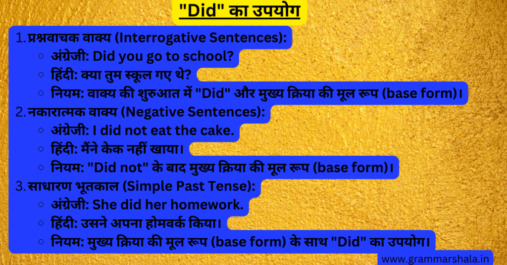 Use of did in Hindi with rules examples and exercises